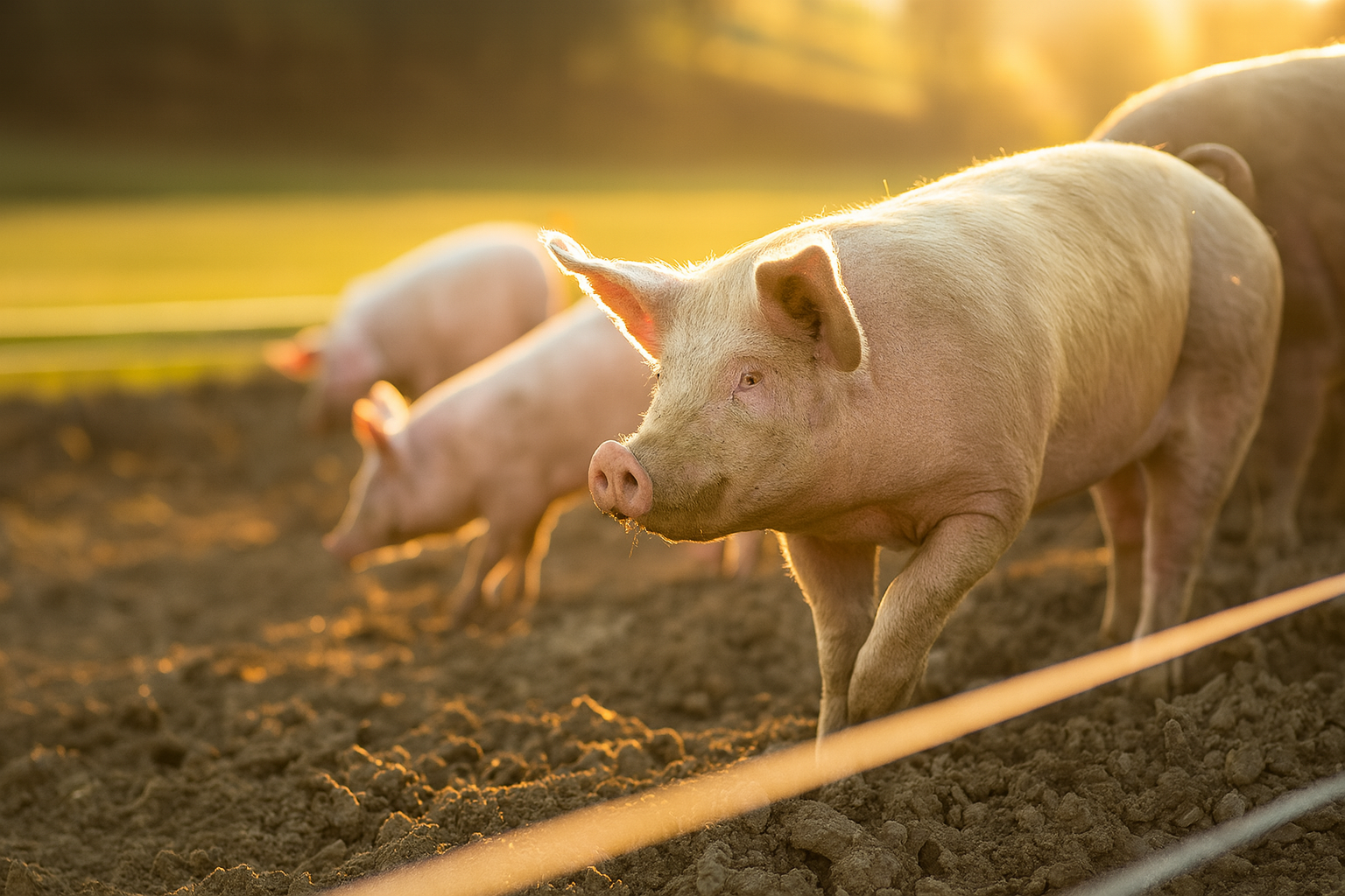 Outdoor reared pigs in golden sunset light representing rural farming security needs